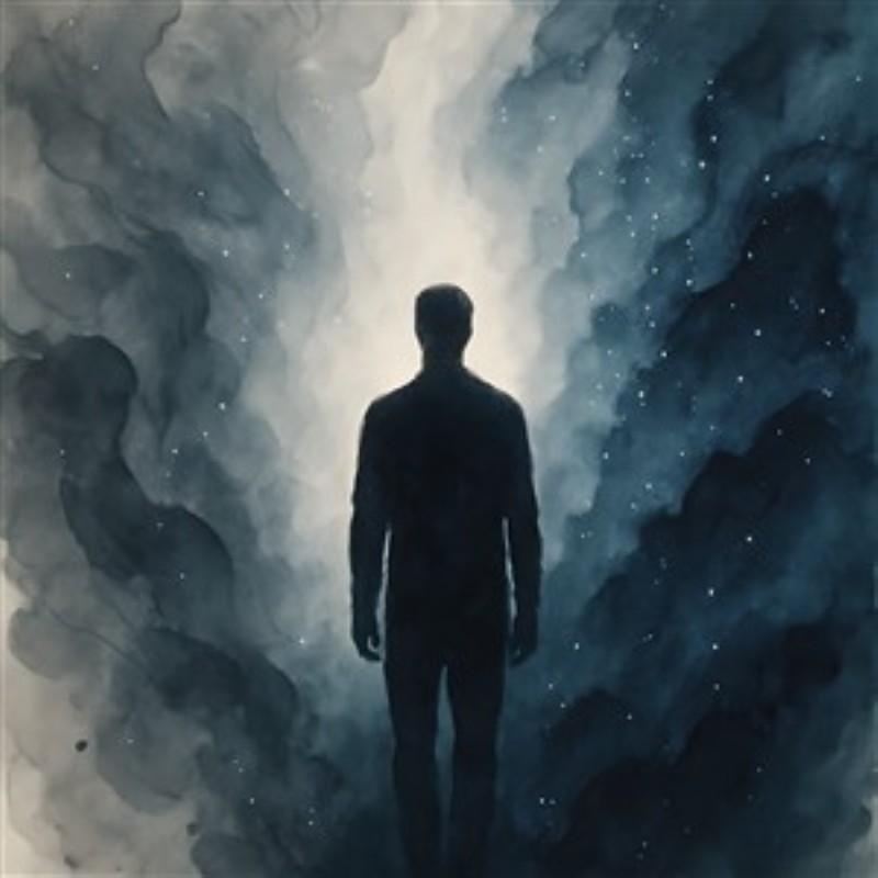 Universets Hemmeligheder - Udforsk det mystiske i Universet med denne betagende silhuet af en person foran en stjernehimmel, indhyllet i tåge. Dette kunstværk skaber en drømmende atmosfære, som inviterer til refleksion og undren.
