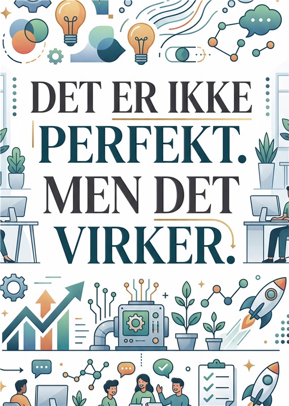 Motiverende Plakat til Kontoret - Denne inspirerende plakat er perfekt til dit kontor eller arbejdsplads. Med budskabet 'Det er ikke perfekt. Men det virker.' minder den dig om vigtigheden af at tage skridt, selvom alt ikke er perfekt. Dens moderne illustrationer tilføjer et friskt og kreativt præg til ethvert rum.