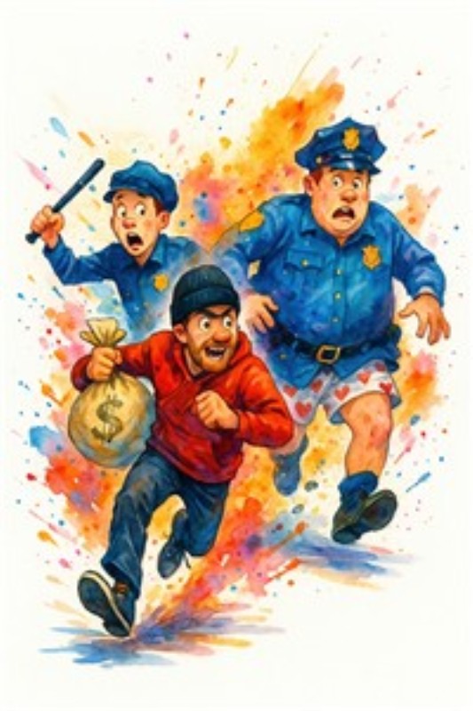 Humoristisk Flugt fra Politiet - Oplev det sjove og actionfyldte øjeblik, hvor en mand stjæler penge og bliver jagtet af komiske politibetjente! Denne illustration bringer latter og liv til ethvert rum med sin farverige og energiske stil.