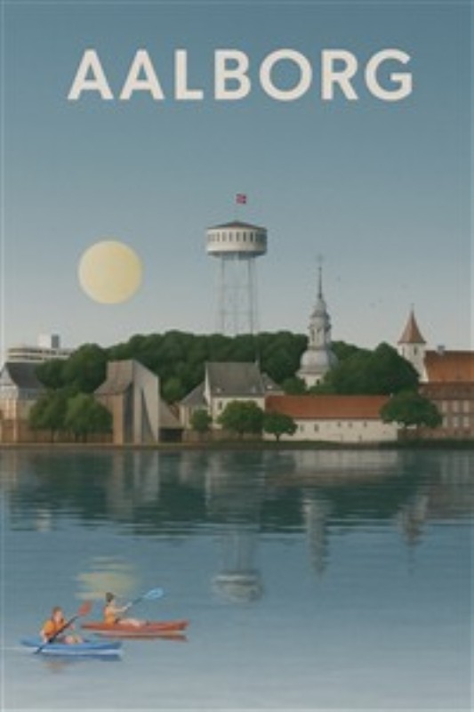 Aalborgs Muffede Bryg med Solskin - Denne illustration fanger Aalborgs charmerende skyline med solens stråler, der danser over vandet. Oplev den fredfyldte atmosfære, hvor kajakker glider let over bølgerne, perfekt til at bringe liv og lys ind i dit hjem.