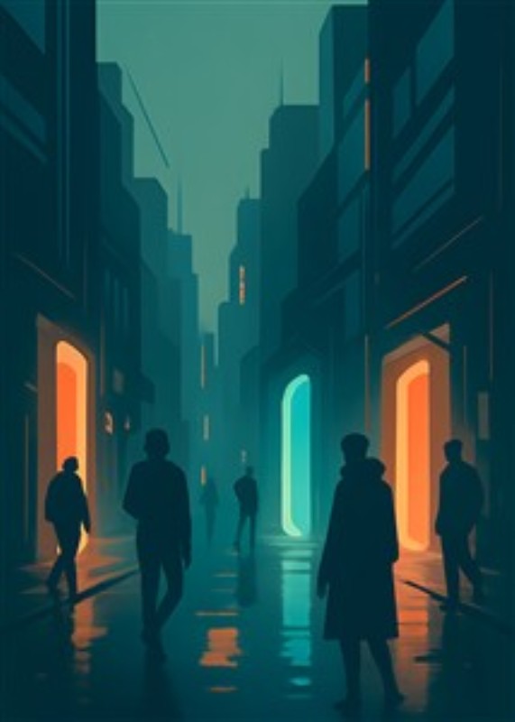 Neon Magi i en Mørk Gade - Oplev den fascinerende atmosfære af en mørk gade belyst af strålende neonlys. Denne stiliserede illustration bringer liv og dynamik ind i dit hjem, perfekt til den moderne indretning.