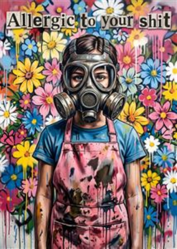 Skønhed med en kant - Denne betagende kunstrepræsentation fanger øjet med en ung pige i gasmaske, der står foran en farverig blomsterbaggrund. Oplev kontrasten mellem uskyld og det moderne samfunds udfordringer, der inviterer til refleksion og samtale.