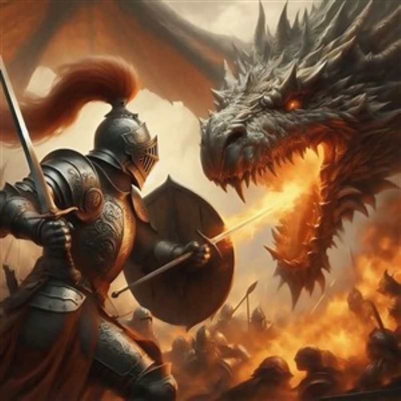 Den Episk Dragekamp: En Heroisk Konfrontation - Oplev den storslåede kamp mellem en modig ridder og en majestætisk drage. Denne intense illustration fanger dramatikken af heltemod, ild og storslåede kampe, hvilket gør den til et perfekt statement-stykke i dit hjem.
