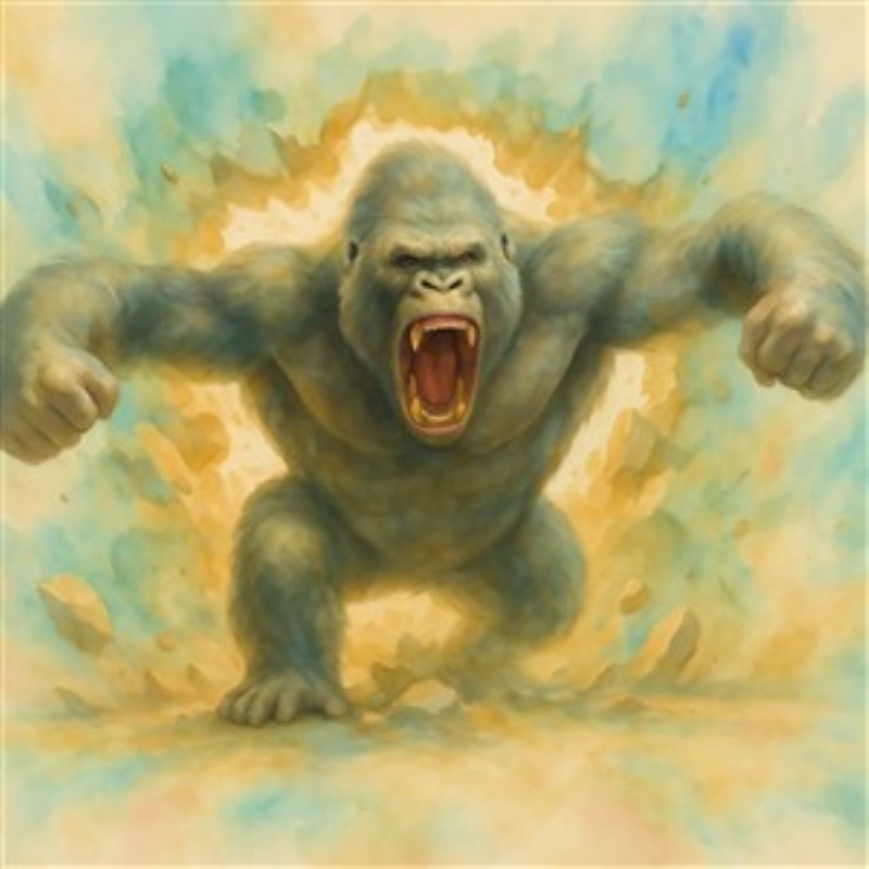 Vild Gorilla i Farverig Eksplosion - Oplev kraften fra en rasende gorilla, der brøler med storslået energi omgivet af en eksplosion af levende farver. Dette kunstværk tilføjer dramatik og liv til ethvert rum.