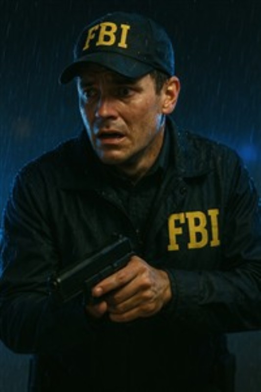 FBI Agent i Stormvejr - Oplev spændingen med denne intense plakat af en FBI-agent, der står klar til aktion i regnen. Perfekt til at bringe dramatik og fokus til dit rum.
