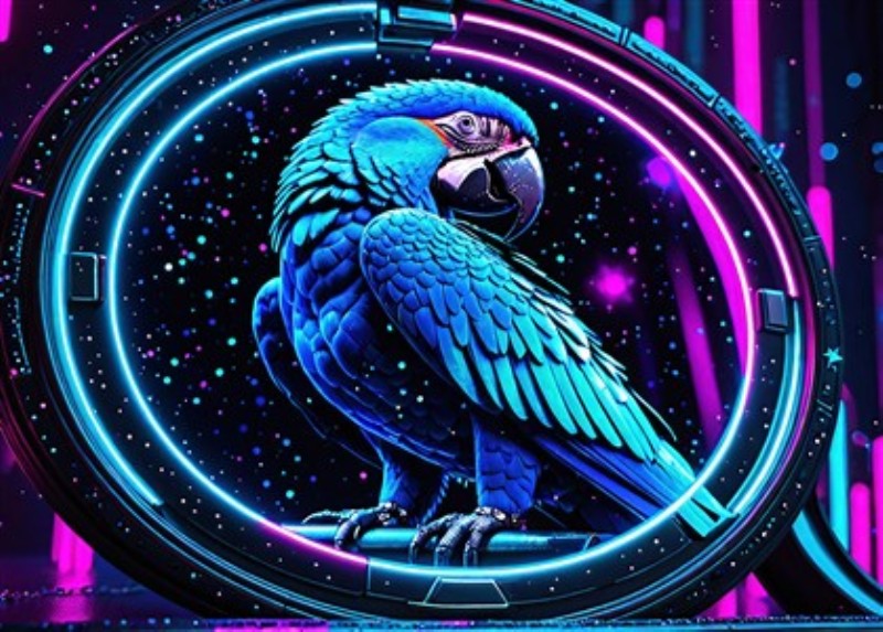 Neon Papegøje i Futuristisk Stil - Oplev den betagende neon-papegøje, der svømmer i lysende universer af cirkler og stjerner. Dette kunstværk tilføjer et energisk og moderne touch til ethvert rum.