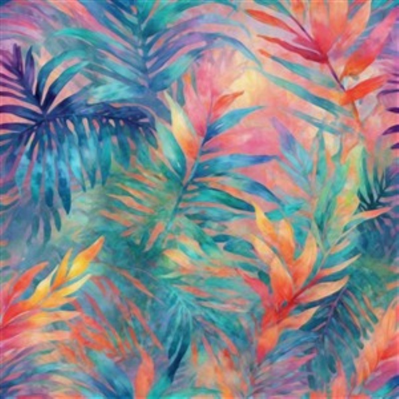 Farverig Tropisk Natur - Oplev en farverig oase af tropiske blade, der bringer liv og glæde til dit rum. Med nuancer af blå, grøn, orange og pink, skaber denne illustration en frisk atmosfære og inviterer naturen ind i dit hjem.