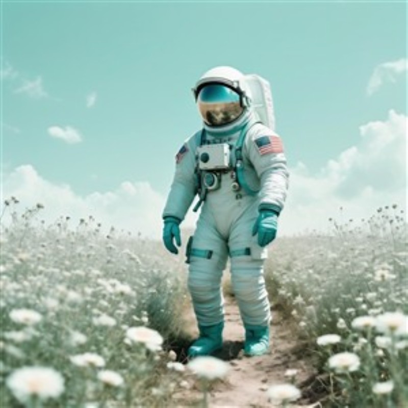Astronaut i Blomsterparadiset - Oplev en fantastisk kontrast mellem rummet og naturens skønhed med denne betagende plakat. En astronaut vandrer roligt gennem en blomstereng, hvilket skaber en drømmende atmosfære, der inspirerer til undring og eventyr.