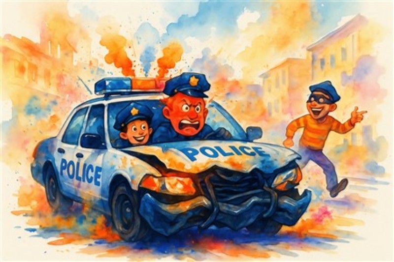 Farverig Politibil Kaos - Oplev en livlig verden med denne farverige illustration af en politibil i kaos. To betjente og en glad dreng fanger øjeblikket i en sjov og spændende scene, der bringer liv og glæde ind i ethvert rum.