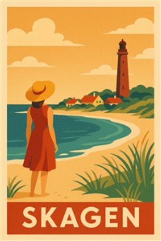 Sommerdrøm i Skagen - Oplev en farverig plakat, der fanger essensen af Skagens smukke kystlinje. En kvinde i rød kjole og stråhat betragter det glitrende hav og det majestætiske fyrtårn, der skaber en perfekt sommeraftenstemning.