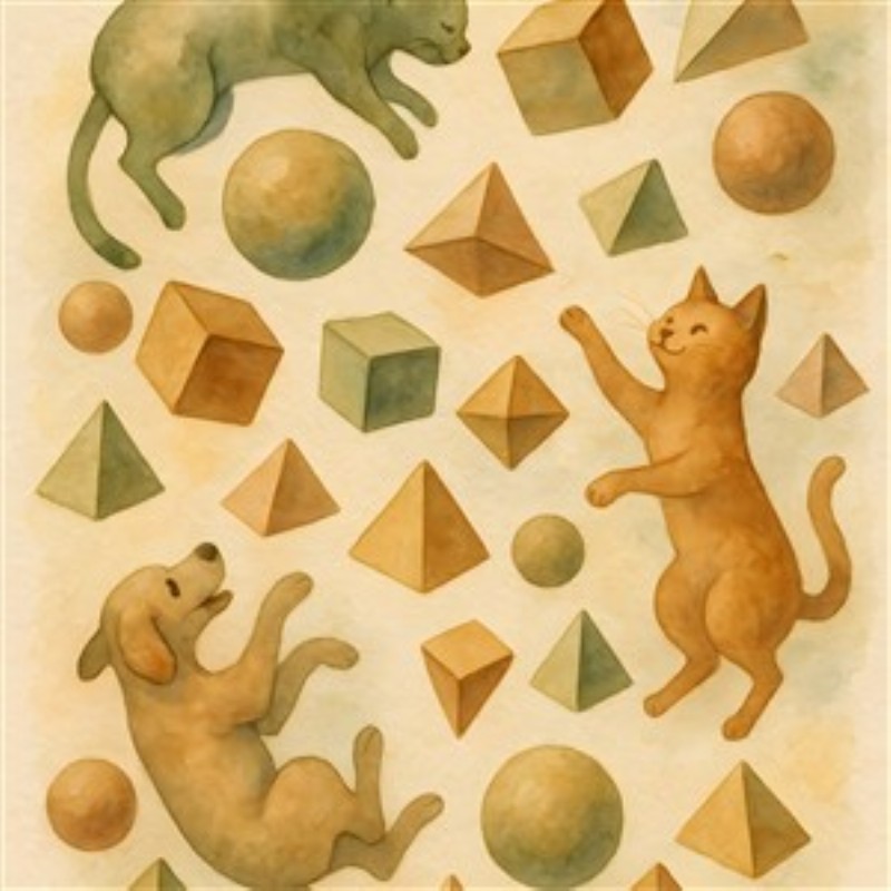 Legende Dyr i Farverige Former - Oplev en munter atmosfære med vores kunstværk, hvor en kat og hund graciøst leger blandt livlige geometriske former. Dette billede tilføjer en legende og kreativ touch til enhver børnescene.