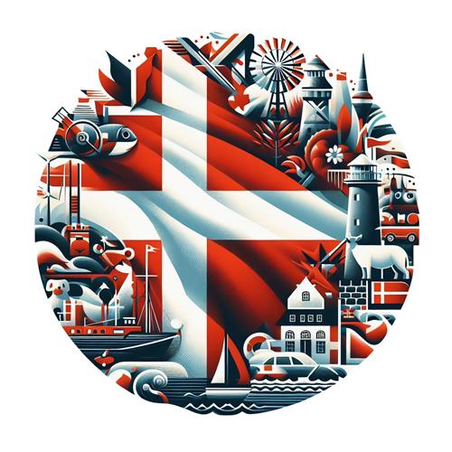 Kreativ dansk flag collage med kulturelle elementer