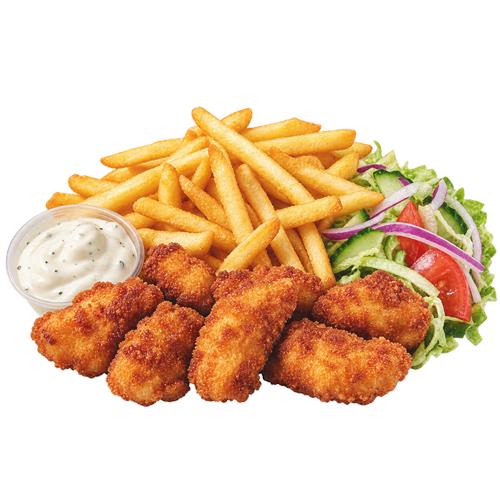 Sprøde nuggets med pommes frites og salat