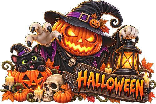 Halloween-græskar med kat og lanterne