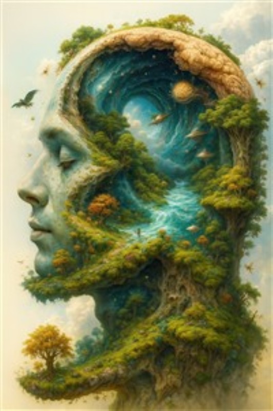Surrealistisk Naturindtryk - Oplev en magisk fusion af menneske og natur med dette betagende kunstværk. Det surrealistiske motiv, der kombinerer grønne landskaber, vand og stjerner, inviterer til refleksion og ro i dit hjem.