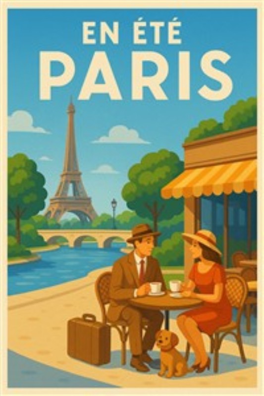 Romantik og Caféliv i Paris - Oplev den romantiske atmosfære i Paris med denne plakat, der fanger et sødt cafébesøg ved Eiffeltårnet. Perfekt til at bringe et strejf af fransk elegance ind i dit hjem.