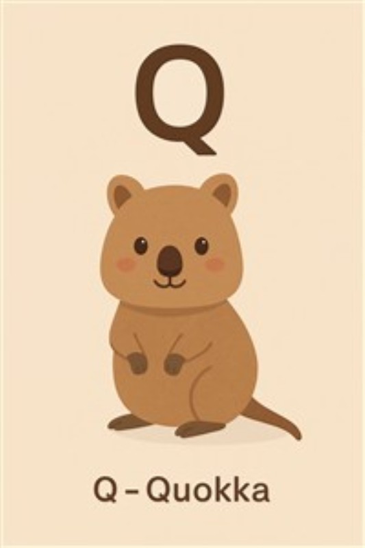 Kærlig Quokka med Q - Denne charmerende plakat viser en sød quokka under bogstavet Q, perfekt til at skabe en hyggelig atmosfære i hjemmet. Ideel til børneværelset, hvor læring og leg går hånd i hånd.