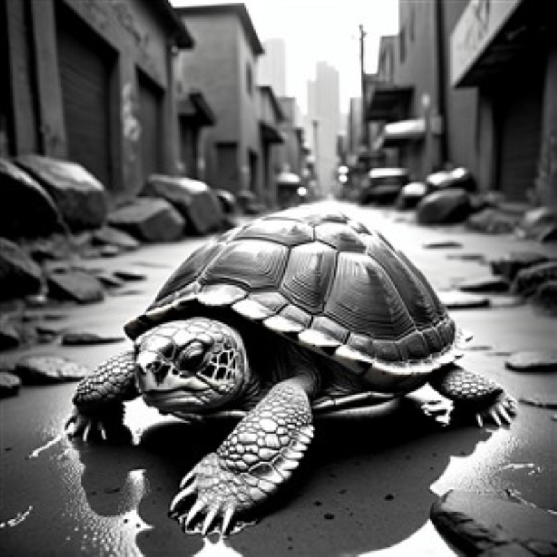 Sorte Skildpadde i Urban Oase - Oplev den betagende skildpadde, der elegant bevæger sig gennem en grå, stenbelagt gade. Dette kunstværk tilføjer en unik og moderne stemning til dit hjem, perfekt til både eftertænksomhed og inspiration.