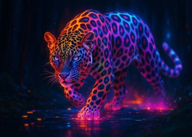 Neon Leopard i En Magisk Skov - Oplev den fantastiske skønhed af en neonfarvet leopard, der færdes i en mystisk skov fyldt med magiske lys. Dette kunstværk tilføjer liv og dynamik til dit hjem, og skaber en drømmende atmosfære for enhver rummet.