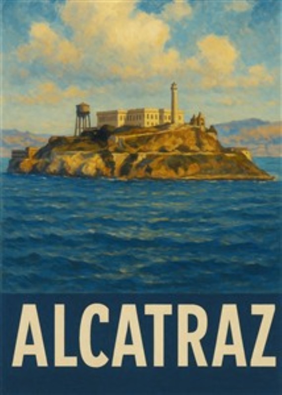 Udforsk Alcatraz' Skønhed - Oplev den stille majestæt af Alcatraz Ø med denne kunstneriske fremstilling. Det klare vand og de maleriske bygninger skaber en indbydende atmosfære, perfekt til at give dit rum karakter og historie.