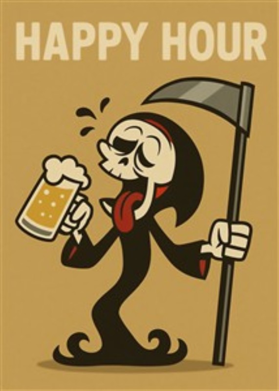 Dødens Festlige Happy Hour - Oplev en sjov og livlig illustration, hvor Døden nyder en øl under happy hour. Denne sjove kunstværk tilføjer humor og en uventet tvist til dit hjem.