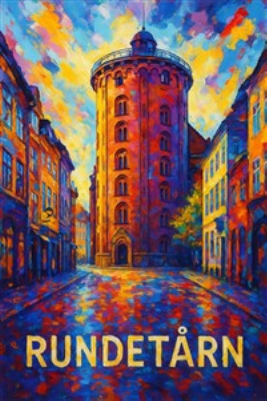 Magisk Rundetårn i Farver - Oplev den betagende skønhed af Rundetårn med denne livlige illustration. De sprudlende farver og dramatiske himmel skaber en inspirerende atmosfære, perfekt til ethvert rum.